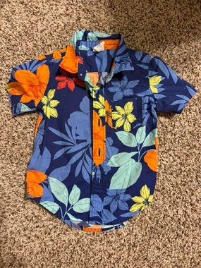 GAP Navy Floral Tropical Button-Down Shirt with Orange & Yellow Accents